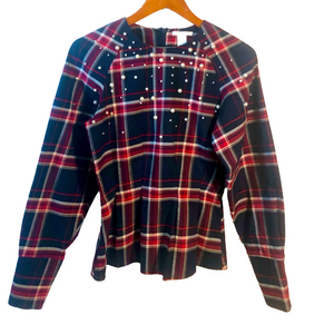 Plaid and pearl peplum top long-sleeved size 2 pre-owned like new by H&M